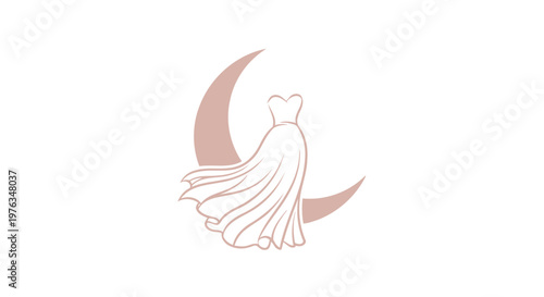 Elegant wedding dress logo design featuring a flowing gown silhouette layered gracefully over a soft pastel moon shape perfect for bridal fashion brands and boutiques