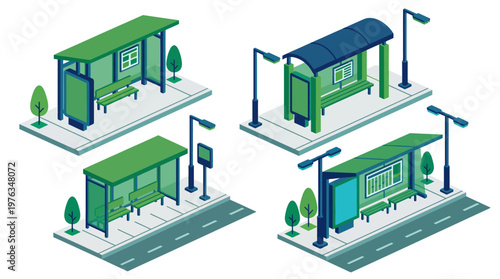 Urban Bus Stop Isometric Designs Set with Advertisement Boards and Streetlights