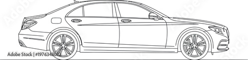 Elegant line art illustration of a modern luxury sedan car, perfect for automotive design, blueprint, or infographic elements, showcasing sleek profile and detailed wheels.