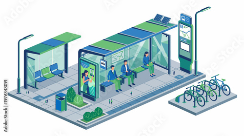 Isometric illustration of a modern, sustainable urban bus stop with people waiting and a bicycle rack, showcasing green infrastructure and digital information screens.