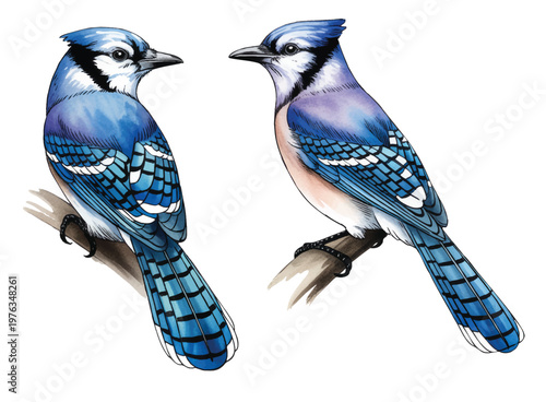 Woodland blue jay resting on stump with soft natural watercolor detail.