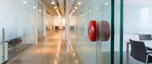 Modern office corridor with glass partitions and a red fire alarm button mounted on transparent wall