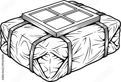 Black and White Line of a Wrapped Package with Straps and a Grid gift present