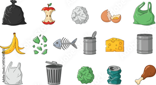 Garbage and Waste Collection Vector Illustration Set Featuring Trash Bags Food Scraps Recyclable Materials and Organic Waste for Environmental and Recycling Design Projects
