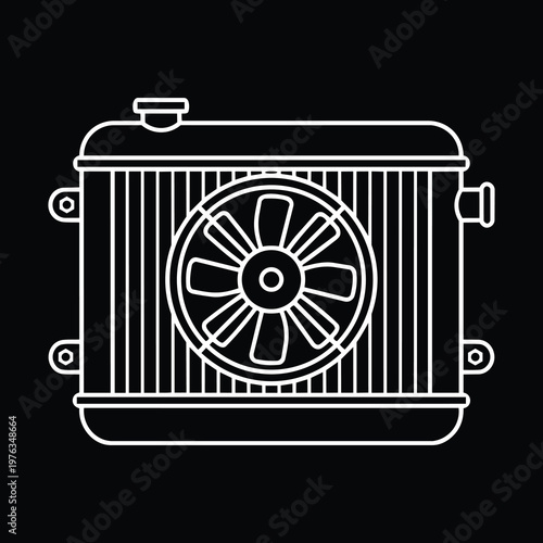 White Line Art Car Radiator with Circular Fan Guard Vector Icon 