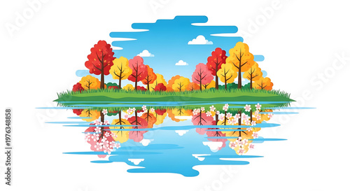 A colorful vector illustration of an autumn landscape with trees reflected in water