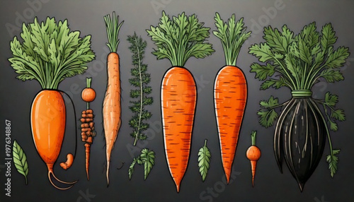 Various Fresh Carrots and Root Vegetables Displayed Together.