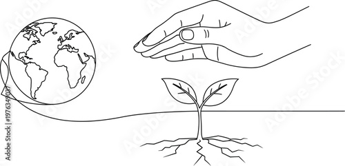 Monoline illustration depicting human hands actively protecting the earth globe and nurturing a seedling, symbolizing commitment to environmental stewardship and sustainable development practices.