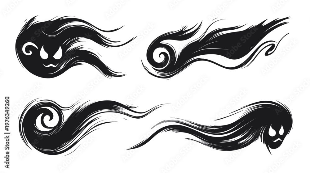 Fototapeta premium Four black ghost-like brush stroke shapes with angry faces on a white background