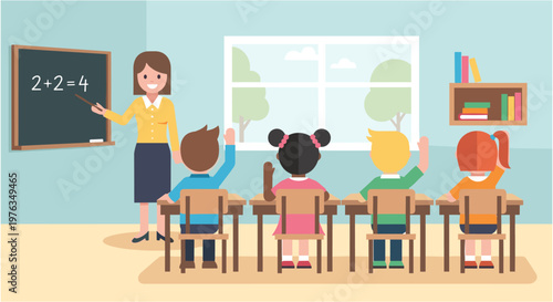 Teacher and students in classroom with math equation on blackboard in colorful cartoon style for education