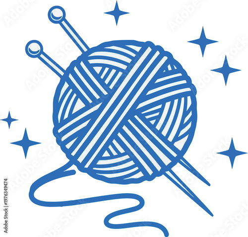 Blue ball of yarn with knitting needles and stars