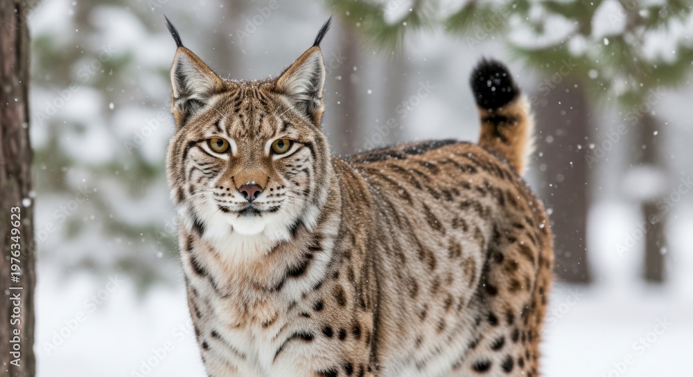 Obraz premium A bobcat stands in a snowy forest, looking directly at the camera with its distinctive tufted ears and spotted fur.