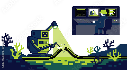 A pixel-art robot performs precise underwater welding on a deep-sea cable, remotely operated by a technician in a dark, high-tech control room with multiple monitors.