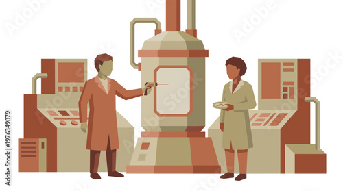 A male and female scientist in a modern laboratory collaborate on an experiment, operating a large, complex bioreactor with precise instruments and careful observation.