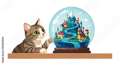 A curious cartoon cat looks at a colorful fantasy castle inside a snow globe