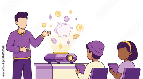 A male teacher in a purple sweater gives a financial literacy lesson to two students, using a modern projector to display a vibrant hologram of a piggy bank and coins.