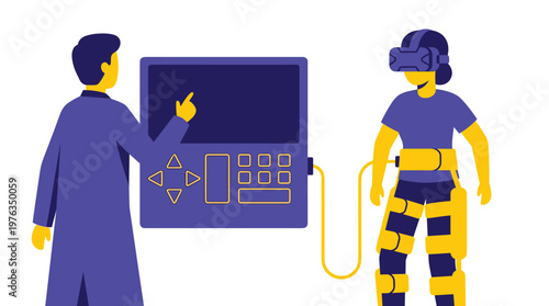 A dedicated scientist in a purple lab coat operates a large control console connected to a patient wearing a futuristic VR headset and a yellow robotic exoskeleton.