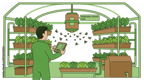 A modern farmer in a green jumpsuit meticulously manages a swarm of pollinator drones from a tablet inside a high-tech vertical farm with lush green lettuce.