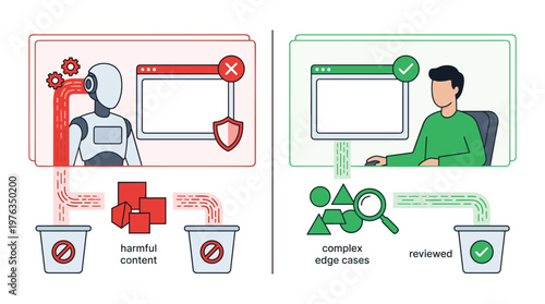 A comparative illustration shows an AI robot automatically filtering harmful content versus a human moderator carefully reviewing complex edge cases for content safety.