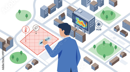 A city planner in a blue suit uses a futuristic stylus to interact with a holographic map, analyzing environmental data in a smart city technology hub.