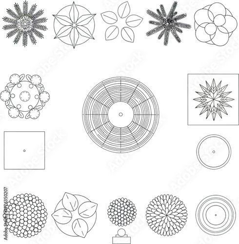 Landscape and garden symbols, top-down site plan vector set, 2D CAD plants planters fountain vector illustration