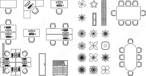Office furniture symbols, top-down floor plan vector set, 2D CAD office desks chairs tables storage vector illustration