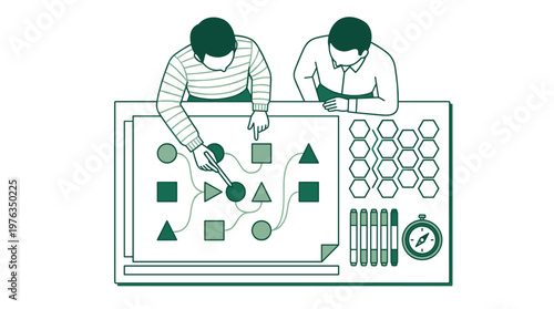 Two meticulous strategists from an overhead perspective plan a complex business process on a large diagram with geometric shapes and connecting arrows.