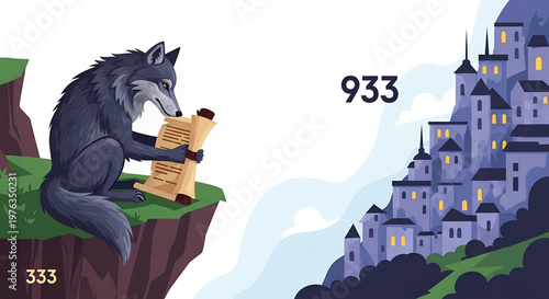 A cartoon wolf reads a scroll on a cliff overlooking a medieval castle town at dusk