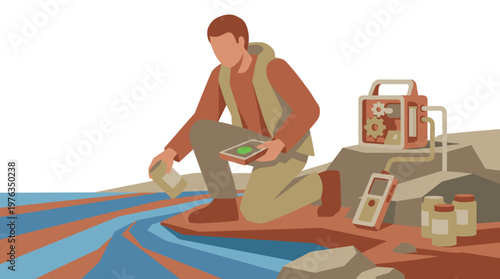 A dedicated environmental scientist meticulously collects a water sample from a river, using advanced portable testing equipment and a tablet on a rocky shoreline.