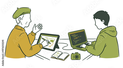 An experienced artist wearing a green beret sketches on a digital tablet while a young programmer codes on a laptop, collaborating at a shared modern desk.
