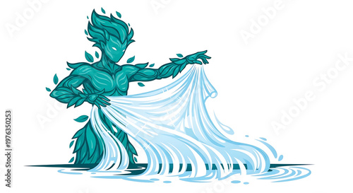A vibrant teal humanoid figure made of leaves and water, flowing with liquid in a dynamic pose.