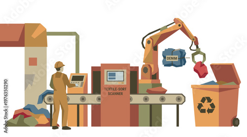 An advanced robotic arm meticulously sorts denim textiles from a conveyor belt into a recycling bin inside a futuristic textile-sort scanner facility.