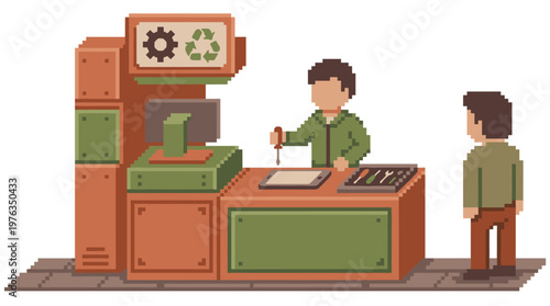 In a charming pixel art style, a friendly technician with a screwdriver carefully repairs an electronic device for a waiting customer at a cluttered workshop counter.