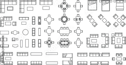Architectural furniture symbols, floor plan vector set, 2D top-down interior design elements, CAD blocks, sofas beds tables chairs storage vector illustration