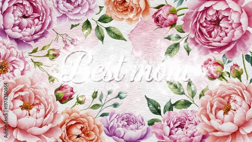 Elegant animated watercolor frame of pink, peach and purple peonies with 