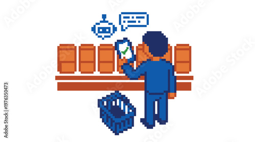 A pixelated character in a blue uniform uses a smartphone for inventory management, interacting with a chatbot icon in front of orange shelved products.