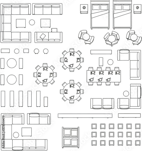 Architectural Floor Plan Furniture Vector Set, Top-Down CAD Blocks with Sofas Beds Tables Chairs Cabinets, Minimalist Line Art Interior Design Elements for Space Planning and Layout Renderings