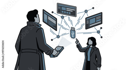 Two mysterious investigators in trench coats analyze a complex holographic network of data screens originating from a floating USB flash drive in a dark, stylized illustration.
