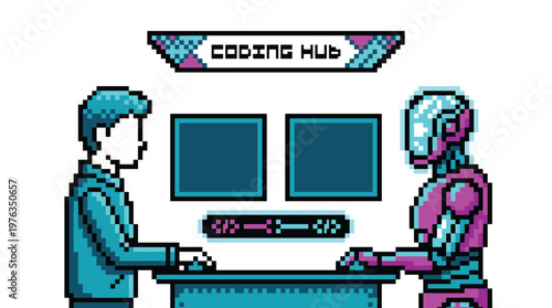 A human programmer and a futuristic magenta robot collaborate at a 'Coding Hub' desk in a vibrant, retro 8-bit pixel art style illustration on a clean white background.