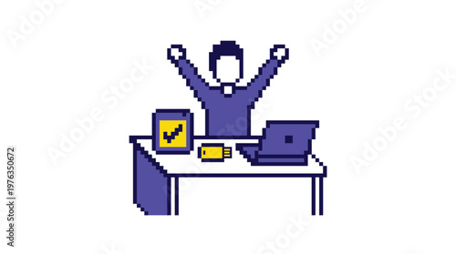 A triumphant pixel art character celebrates a completed task at their desk, with arms raised in victory next to a laptop and a monitor showing a checkmark.