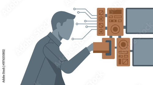 A faceless administrator in a business suit carefully inserts a crucial hardware module into a complex server rack connected to multiple computer monitors and circuits.