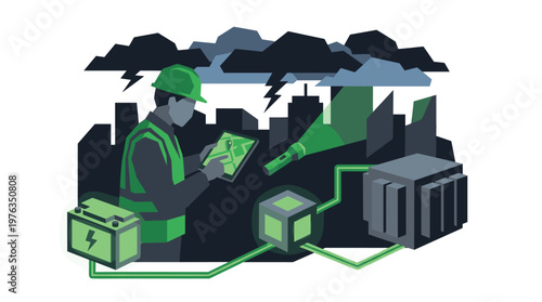 A resilient utility worker in a hard hat uses a tablet to diagnose an electrical grid during a severe thunderstorm with a dark city skyline in the background.