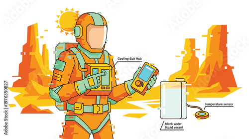 A pixel art astronaut in a vibrant orange spacesuit adjusts a cooling-suit hub while standing on a hot, alien desert planet under a bright sun.