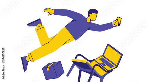 A stylized modern character in vibrant purple and yellow clothing floats weightlessly through a white void while using a smartphone, with personal items drifting nearby.