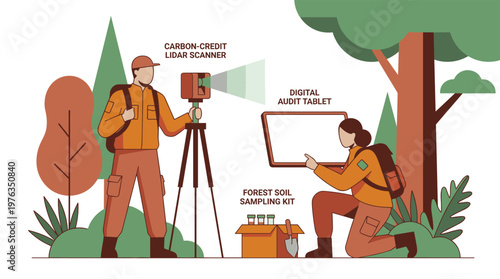 Two diligent forestry researchers meticulously gather crucial data in a lush forest using a high-tech carbon-credit lidar scanner and a digital audit tablet.