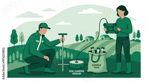 Two dedicated agricultural scientists meticulously collect soil samples in a verdant field using a modern soil-carbon sensor for environmental analysis and research.