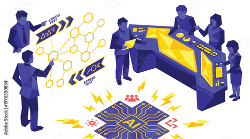 A collaborative team of expert engineers meticulously conducts a complex stress test on a powerful AI system using a futuristic central console and holographic displays.