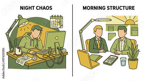 A powerful diptych illustration contrasts the stressful chaos of working late at night with the organized, productive structure of a professional morning routine.