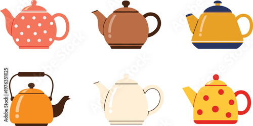 Cute Teapot Collection Vector Illustration Set Featuring Colorful Polka Dot and Classic Teapots with Different Shapes for Kitchen Tea and Beverage Design