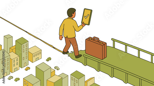 A determined businessman carefully balances on a tightrope high above a city, carrying a briefcase and a tablet with certified approval for a risky venture.